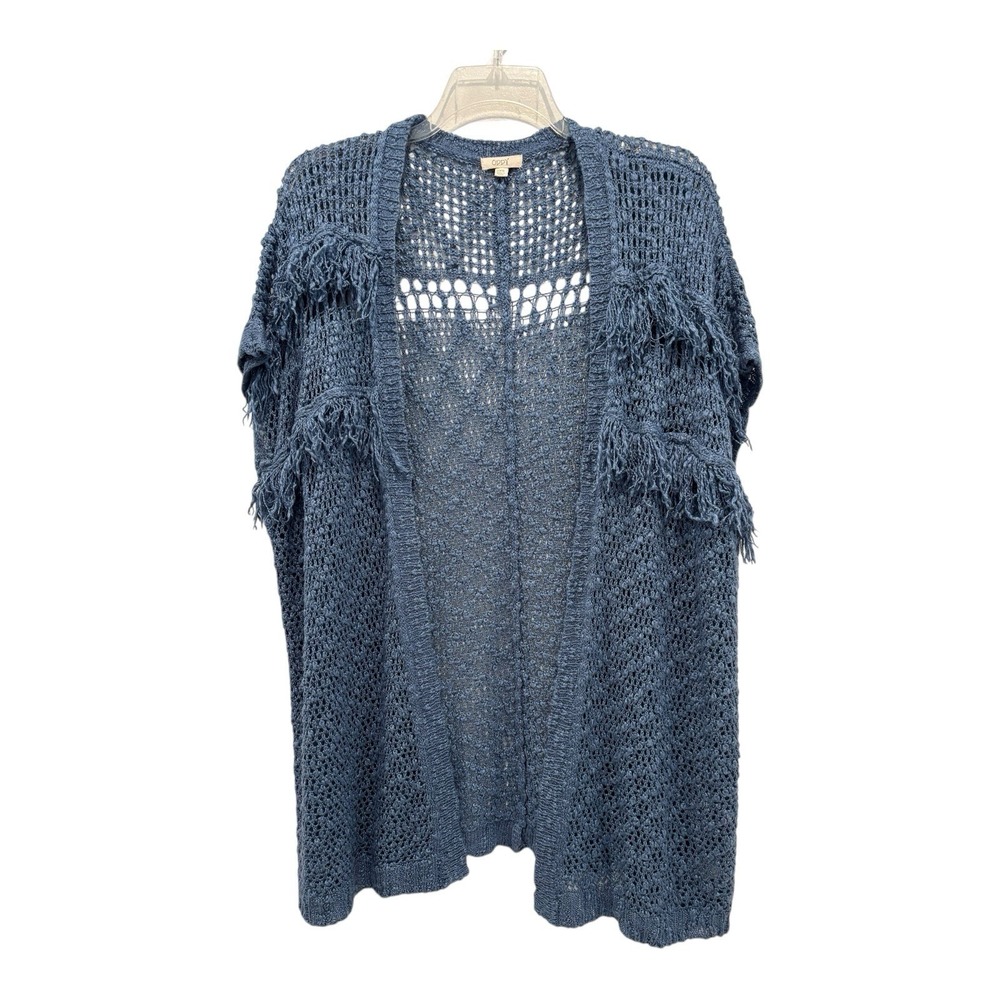 Oddy Top Womens One Size Wrap Blue Fringed‎ Short Sleeve Open Weave Back